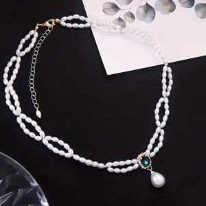 Vintage Faux Pearl Green Gemstone Necklace, Minimalist Necklace Jewelry